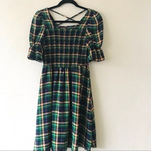 NWT O.P.T. Green Plaid Puff Sleeve Dress